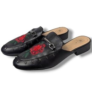 Rose Embroidered Slip on Loafer Mules Black Noir Red Goth Faux Leather Women's 8